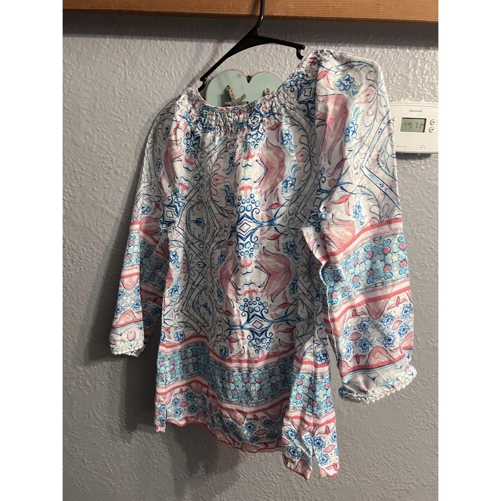 Charter Club Women's Floral Woven Linen Blouse 3/4 Sleeve Size Small